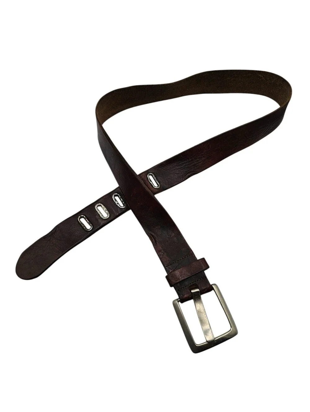 Vintage Mens Sz L Dark Brown Leather Belt w/ Brushed Silver Buckle Accents